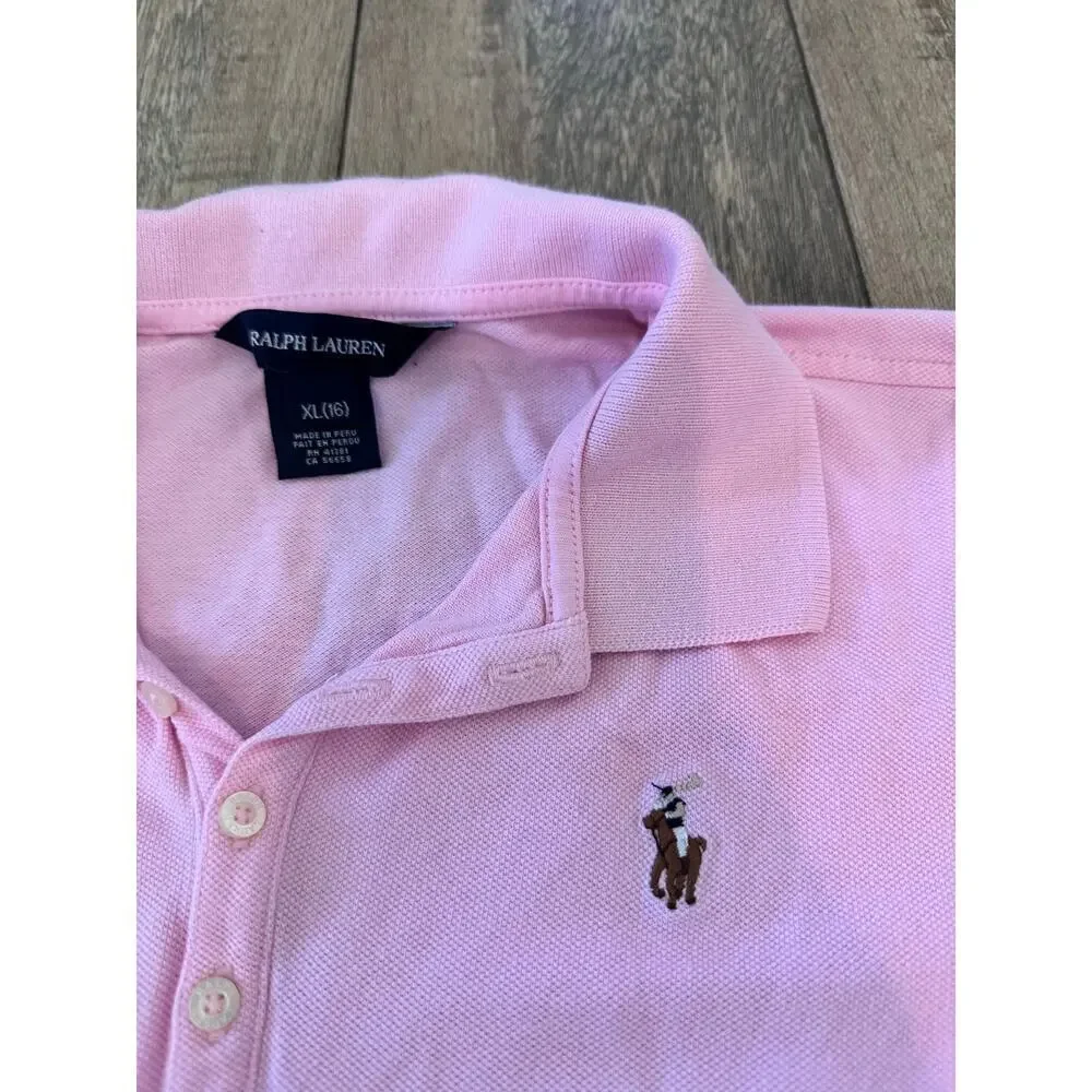 Ralph Lauren Girl Pink Slim Fit Stretch Button Up Polo Shirt Size XL